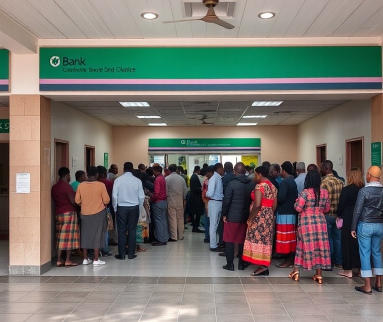 Before — A single line for every transaction type, with the wait piling up at the entrance.